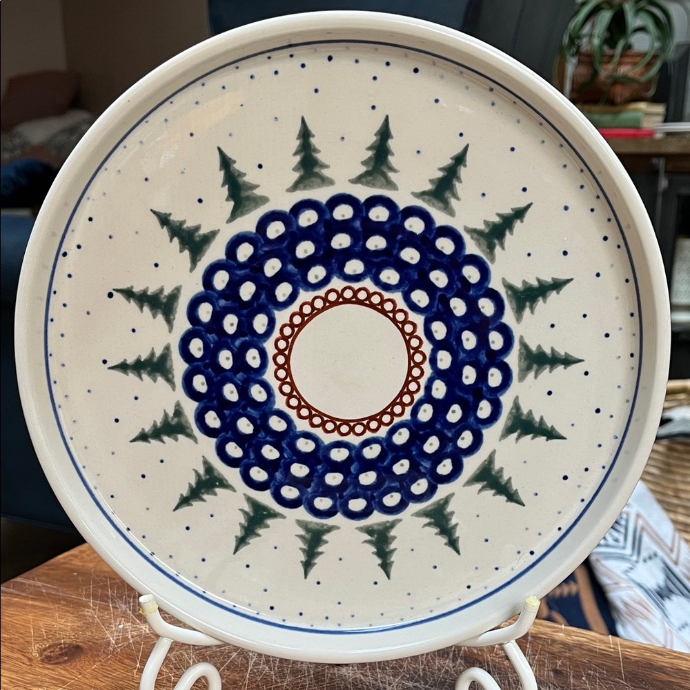 Boleslawiec Polish pottery 7.5” Pine tree Trivet Plate with Blue Pattern